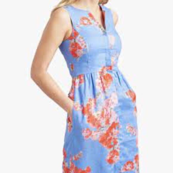 Joules Blue & Red Floral Linen Midi Dress 14 UK 10 US - Picture 1 of 8